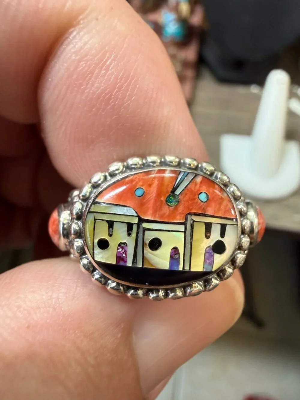 Sterling silver inlay Multicolor Pueblo Design Ring